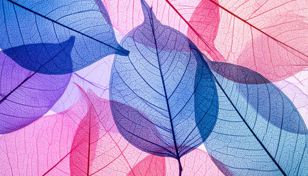 autumnal background with leaves in light blue and pink colors.の素材