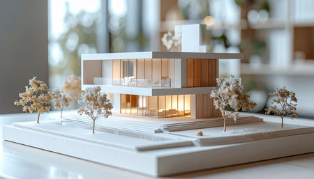 3D render of a model of a house on a white tableの素材