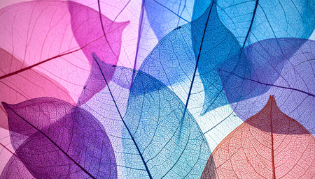 abstract background with autumn leaves in pink and blue colors, macroの素材