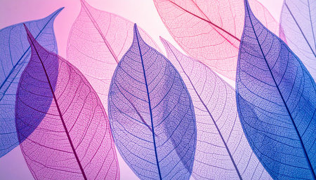 Colorful skeleton leaves on a light background, close-up.の素材
