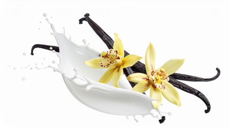 Vanilla pods with milk splash and flower isolated on white background.の素材