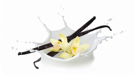 vanilla pods in milk splash isolated on white background with orchid flowerの素材