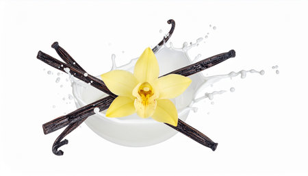 Vanilla pods and flower isolated on white background with water splashesの素材