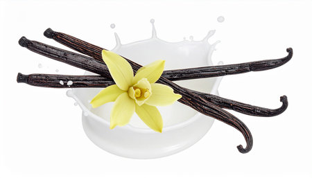 Vanilla pods with milk splash and flower isolated on white background.の素材