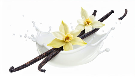 Vanilla pods with milk splash isolated on white background. 3d illustrationの素材