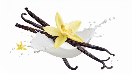 Vanilla pods with milk splash and flower isolated on white background.の素材