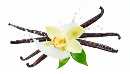 Vanilla pods with flower and milk splash isolated on white background.の素材