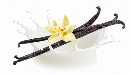 Vanilla pods with milk splash and flower isolated on white background.の素材