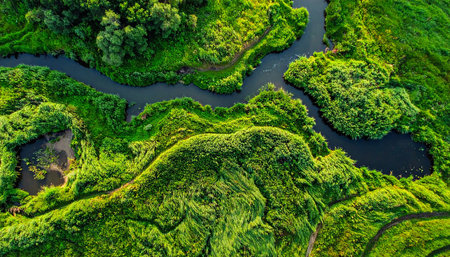 Aerial view of the river in the middle of green forest.の素材