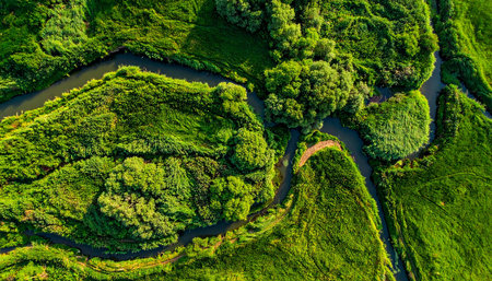 Aerial view of river and forest in summer. Drone photography.の素材