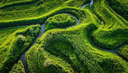 Aerial view of green rice terraces and winding river. Nature backgroundの素材
