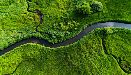 Aerial view of a small river in green grassy meadowの素材