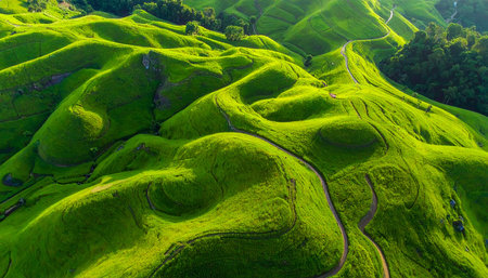 Aerial view of green rice terraces at sunset in Mu Cang Chai, Vietnamの素材
