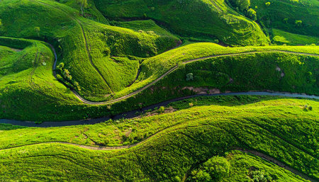 Aerial view of green tea plantations in Cameron Highlands, Malaysia.の素材