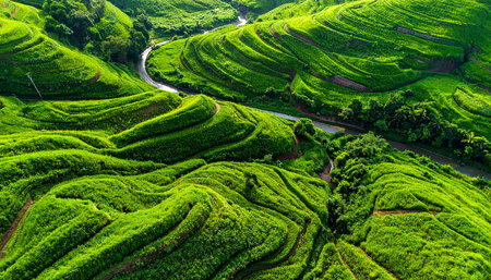 Aerial view of green tea terraces in Cameron Highlands, Malaysiaの素材