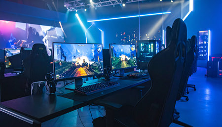 esports Counter-Strike: Global Offensive esports event. Group of professional gamers playing on computers and streaming games on stage.の素材