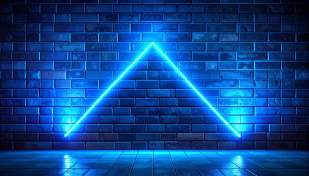 Neon triangle on blue brick wall background. 3D Renderingの素材