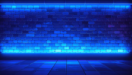 Abstract dark room with blue neon lights and brick wall. 3d renderingの素材