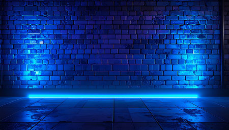Blue neon light on a brick wall background. 3d rendering.の素材