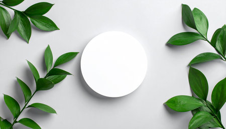 White round podium with green leaves on white background. Flat lay, top view.の素材