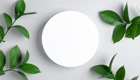 White round podium with green leaves on gray background. Flat lay, top viewの素材