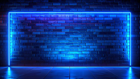 Blue neon light on a brick wall background. 3d rendering.の素材