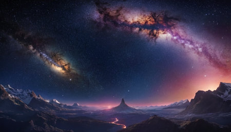 Fantasy alien planet. Mountain and starry sky. 3D illustrationの素材