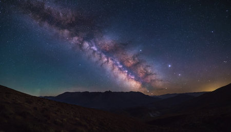 Milky way over the mountains. Long exposure photograph with grain.の素材