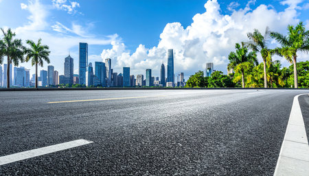 Empty asphalt road and modern city skyline panorama in Shenzhen,China.の素材