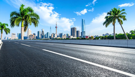 Asphalt road and modern city skyline with buildings in Shanghai,China.の素材