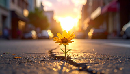 Yellow flower on the road in the city at sunset. Shallow depth of field.の素材