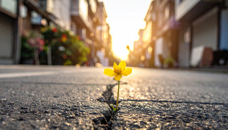 Yellow flower growing through crack in asphalt road at sunset. Spring concept.の素材
