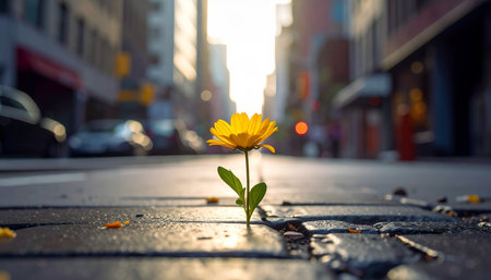 Yellow flower growing on a sidewalk in New York City, USA.の素材