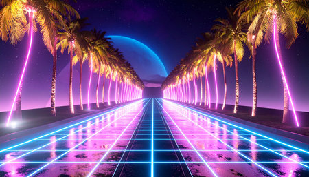 Futuristic corridor with neon lights and palm trees. 3d renderingの素材