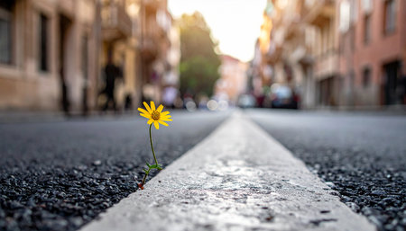 Little yellow flower on the asphalt road in Rome, Italy. Nature backgroundの素材