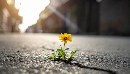 Yellow daisy flower growing on asphalt road with sunlight in the morning.の素材