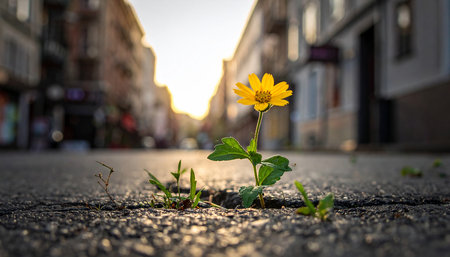 Small yellow flower growing on the ground in the middle of a streetの素材