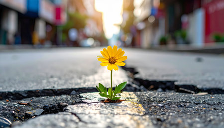 Yellow flower growing through crack in the asphalt road with sunlight background.の素材