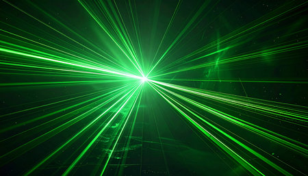 Green laser rays on a dark background. Computer generated abstract 3D photo rendering.の素材