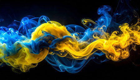 Abstract multicolored smoke of  blue and yellow colors on a black isolated backgroundの素材