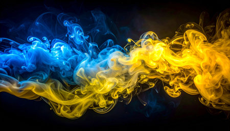 Colorful yellow and blue smoke abstract on black background. Background from the smoke of vapeの素材