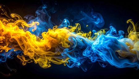 Abstract multicolored smoke of  blue, yellow and orange colors on a black isolated background. Background from the smoke of vapeの素材