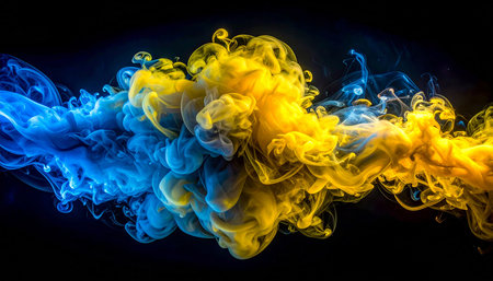 Colorful yellow and blue smoke abstract on black background. Background from the smoke of vapeの素材