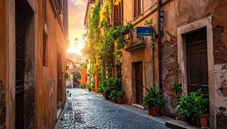 Narrow street in the center of Rome at sunset, Italy.の素材