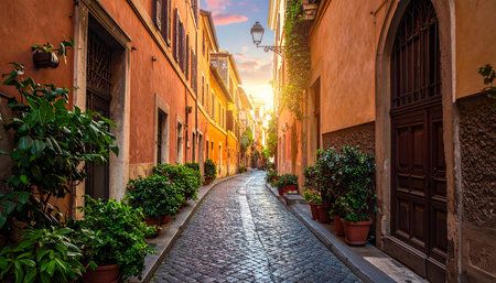 Narrow street in Rome, Italy at sunset. Beautiful cityscape.の素材