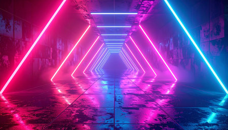 3D rendering of a futuristic corridor with neon lights and reflections.の素材
