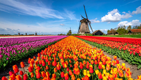 Colorful tulip fields and windmill in Zaanse Schans, Netherlandsの素材