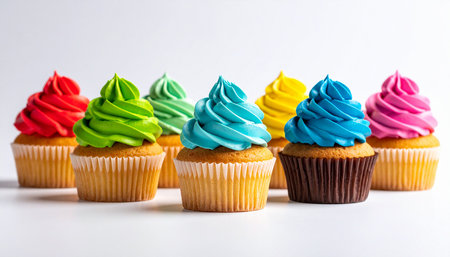 Cupcakes decorated with colorful frosting on a white background.の素材