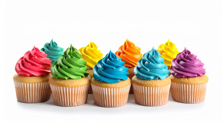 Cupcakes decorated with colorful cream on a white background, isolatedの素材