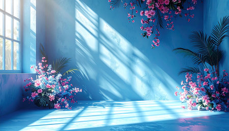 3d render of interior room with flowers on blue wall and windowの素材
